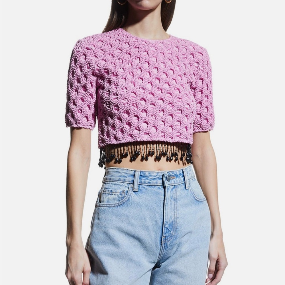 New GANNI Pink Textured Smocked Crop Top Size 44  Beaded Fringe Hem Back Zip